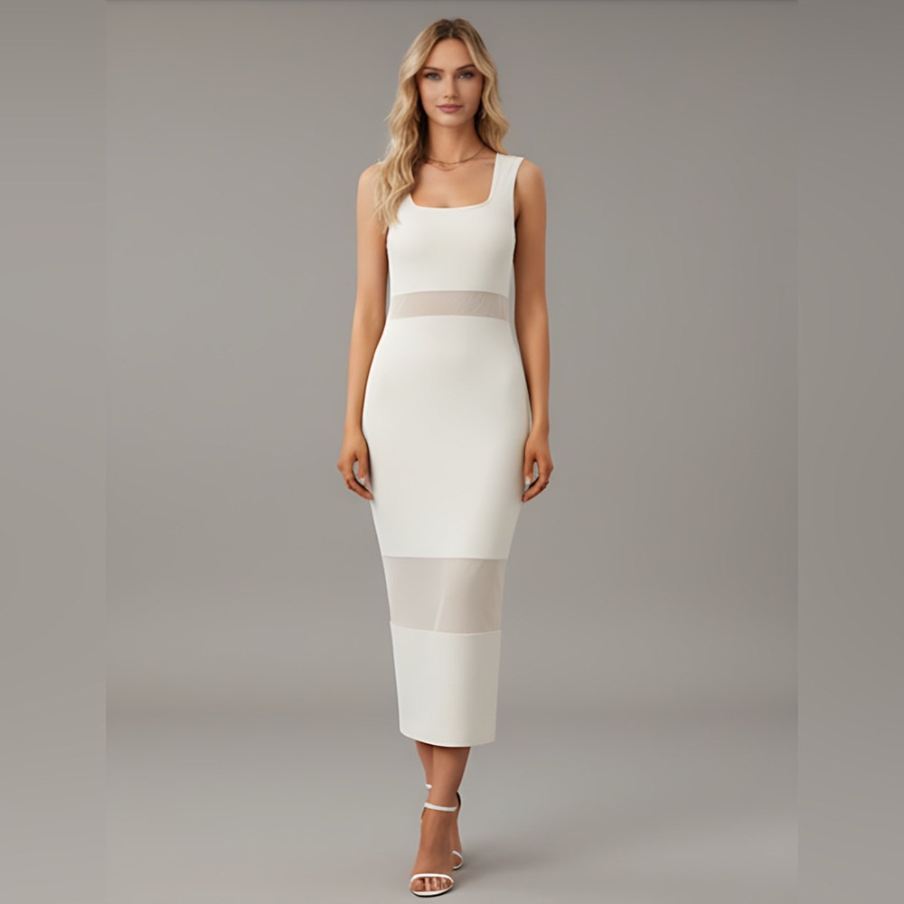 Beige Bodycon Mesh Split Back Dress
